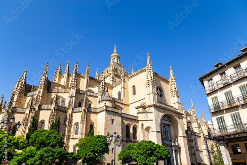 Segovia, Spain – Segovia cathedral in a summer day seen from plaza Mayor. It was the last gothic style cathedral built in Spain, during the sixteenth century.