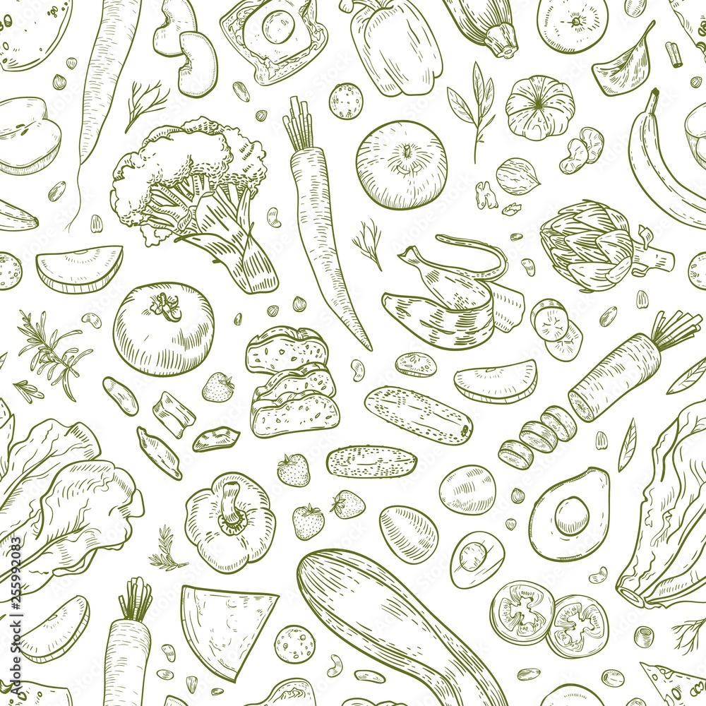 Monochrome seamless pattern with tasty wholesome food, eco healthy products, fresh fruits, berries and vegetables hand drawn with contour lines on white background. Realistic vector illustration.