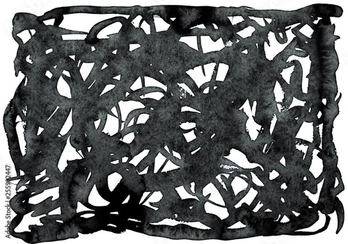 High resolution scan of the grunge black ink brush strokes on the white paper. Abstract background.