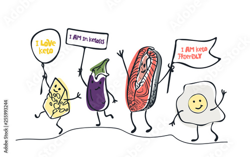 Keto diet hand drawn illustration. Cartoon cute cheese, eggplant, salmon, egg characters with lettering. Healthy ketogenic nutrition. Low carb diet. I love keto quote. Style isolated design element