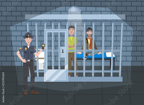 Police station office interior. Police officer in uniform