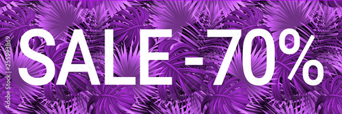 Sale banner with text. seasonal promotion advertising. Season discount design Special offer coupon. Violet tropic background with exotic tropic palms leaves. Super price sellout. Vector illustration