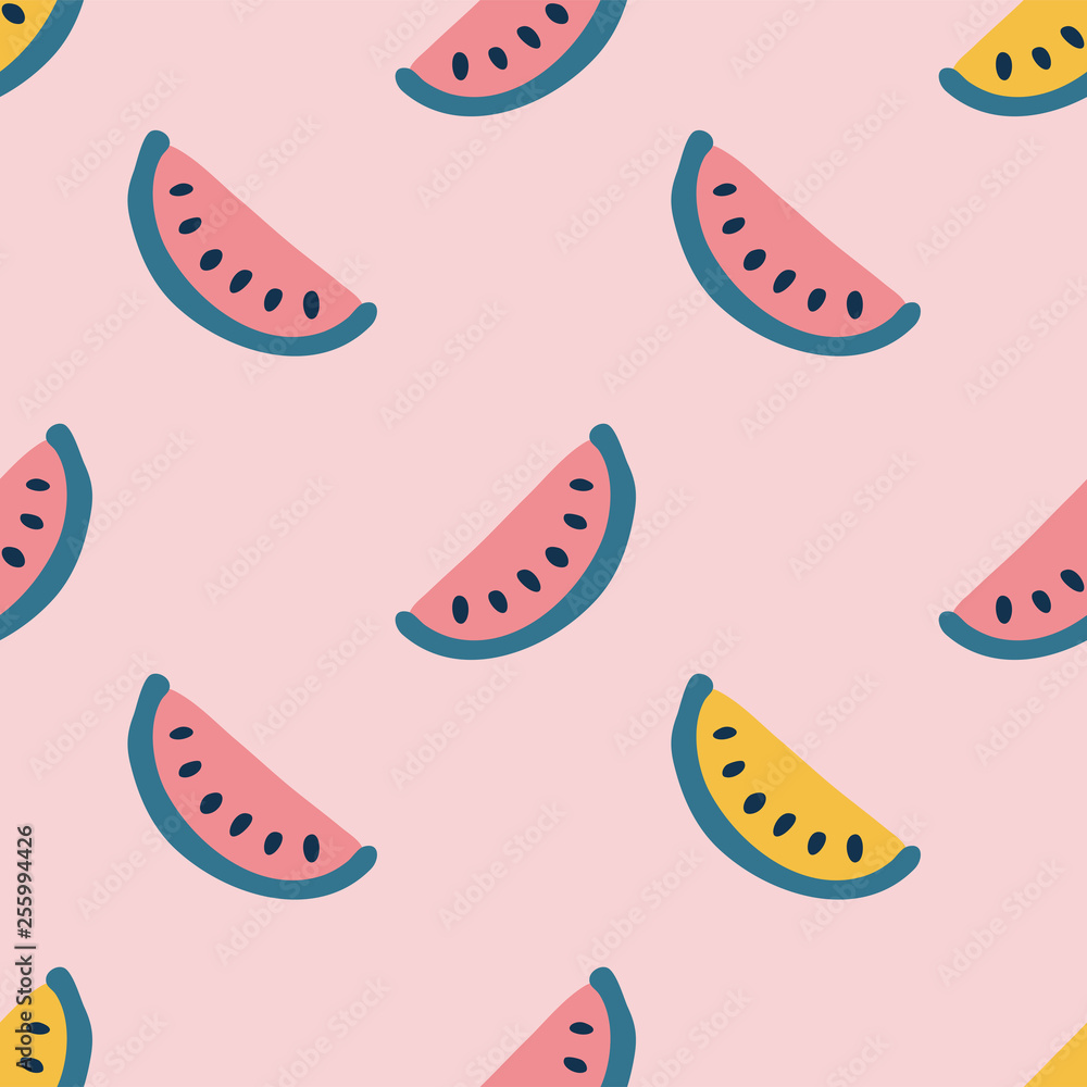 Yellow and red watermelon slice seamless hand drawing vector pattern on pink background. Simple summer print in doodle style Yellow and red watermelon slice seamless hand drawing vector pattern on pink background. Simple summer print in doodle style