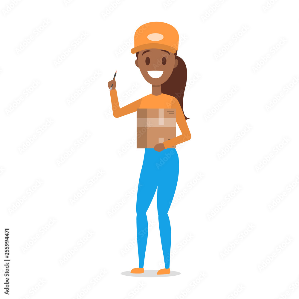 Delivery woman. Courier in orange and blue uniform