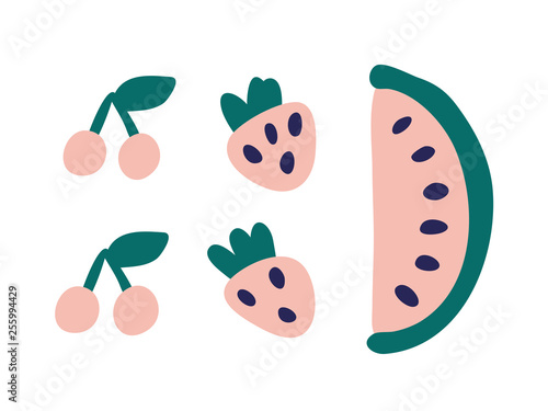 Cherry, watermelon and strawberry hand drawn vector illustration. Fruit and berries print