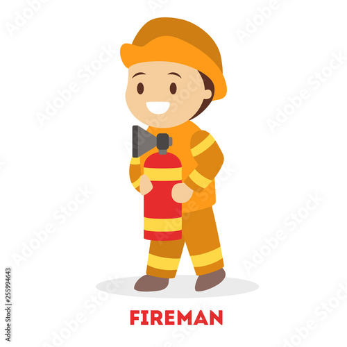 Little child play fireman. Kid firefighter in the uniform