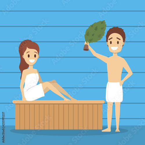 Woman in sauna. Wooden bathhouse. Spa and relax