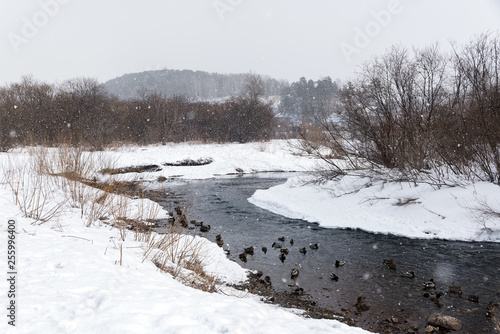 A small river with snowy shores in the snowfall