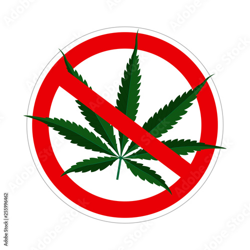 Stop drug icon. No marijuana sign. Cannabis leaf with prohibition symbol. Vector illustration