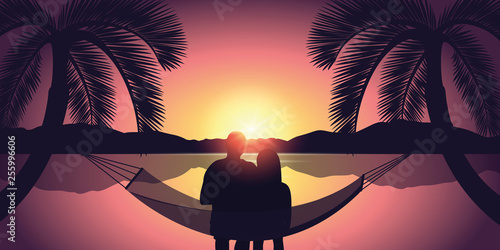 couple in a hammock enjoys the sunset on the beach between two palm trees by the sea vector illustration EPS10