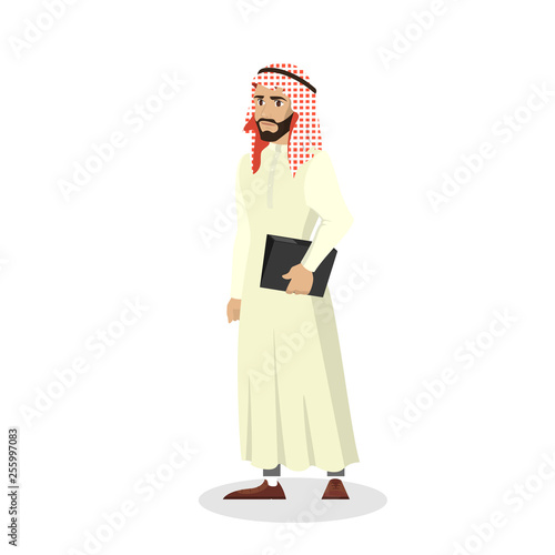 Arab businessman standing with documents in national clothes