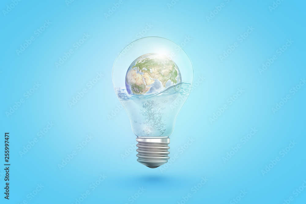 3d rendering of transparent light bulb with earth globe inside on blue background 3d rendering of transparent light bulb with earth globe inside on blue background