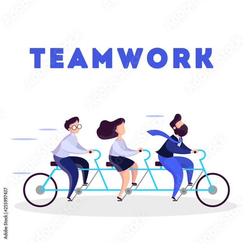 Business team ride on a tandem bicycle.