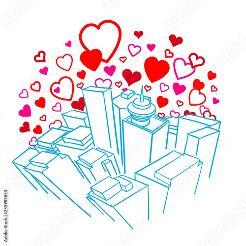 City surrounded by a cloud of hearts
