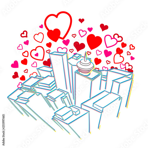 City surrounded by a cloud of hearts