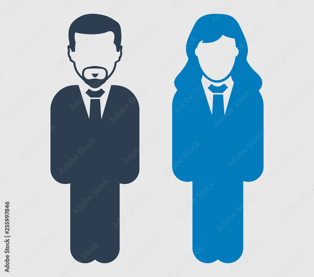 Corporate couple Icon. Standing Male and female businessman symbol on gray background. Flat style vector EPS. Corporate couple Icon. Standing Male and female businessman symbol on gray background. Flat style vector EPS.