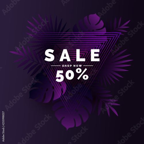 Original concept poster discount sale. Vector illustration with tropical leaves.
