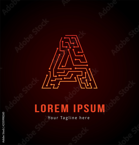 Letter A logotype red and orange colour, Technology and digital abstract dot connection vector logo. (sign, symbol, icon, design element). Technology design - Vector