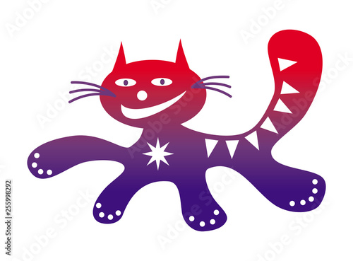 Running cat Funny cartoon happy positive cat drawing in red and purple colors. Vector graphics.