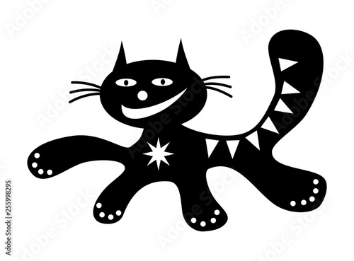 Running cat Funny cartoon happy positive cat drawing in black and white. Vector graphics.