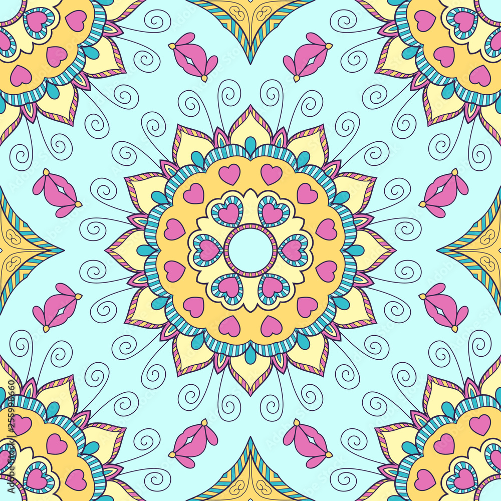 Fototapeta premium Decorative colorful ethnic seamless pattern for fabric or wrapping in oriental style. Hand drawn illustration