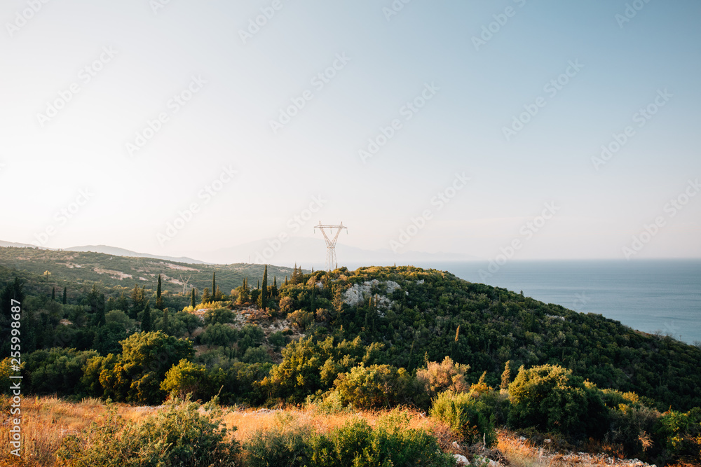 Overhead powerline on Greek Island Overhead powerline on Greek Island