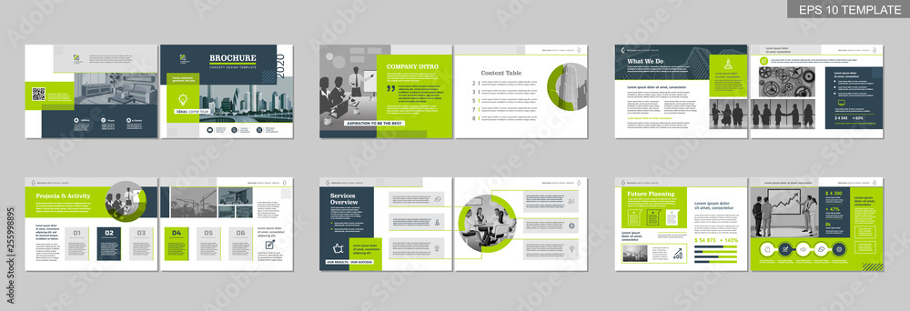 Brochure creative design. Multipurpose template with cover, back and inside  pages. Trendy minimalist flat geometric design. Horizontal landscape a4  format. Stock Vector