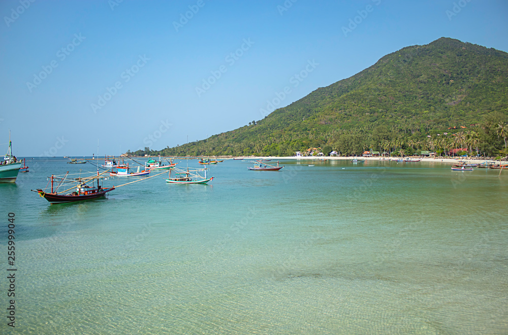 Fishing boats parked on the Beach at Koh Phangan, Surat Thani in Thailand