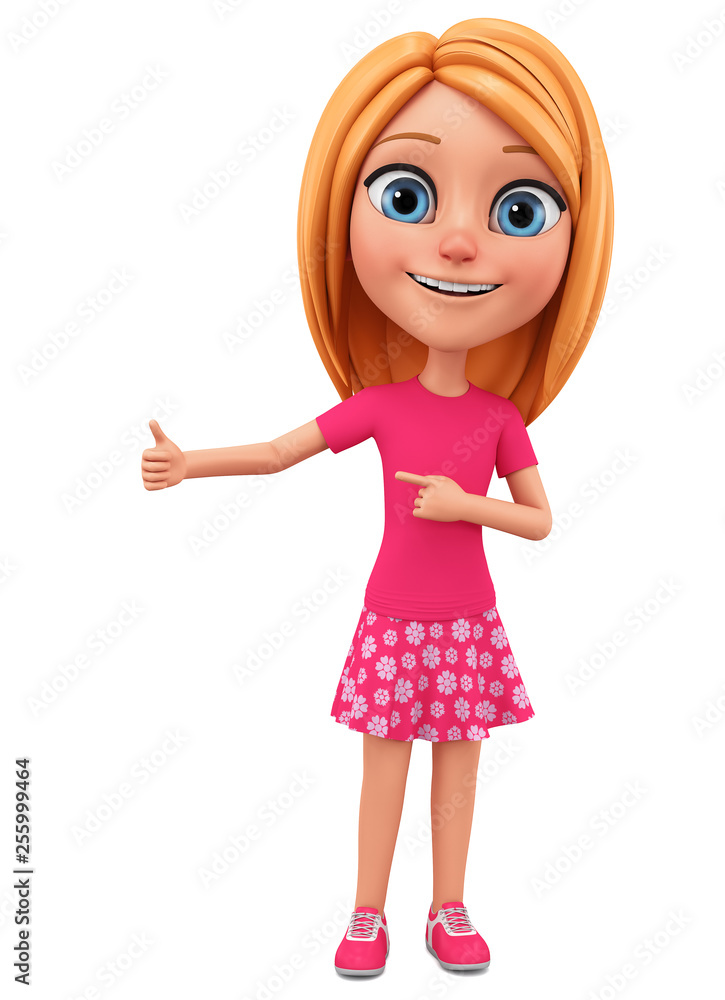 Cartoon character girl points to the raised thumb. 3d rendering. Illustration for advertising. Cartoon character girl points to the raised thumb. 3d rendering. Illustration for advertising.