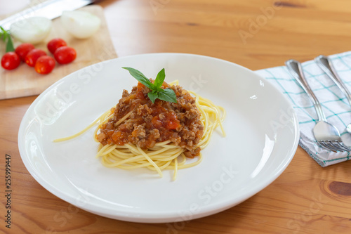 Homemade Spaghetti Bolognese On a wooden table