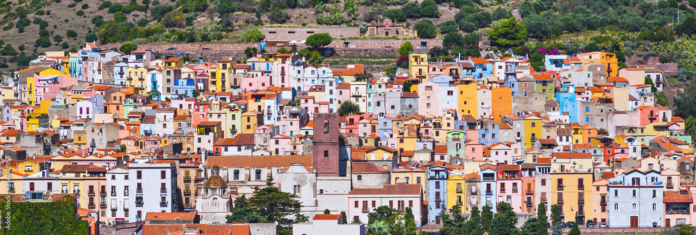 Panoramic view of Bosa town, Sardinia island, Italy. Popular travel destination - obrazy, fototapety, plakaty 