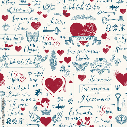 Vector seamless background with red hearts, keys, keyholes, cupids and love theme letterings. Abstract background in retro style with hand written declarations of love in different languages.