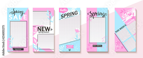 Set ot spring insta templates for stories, sales and news. Backgrounds for your design, for social media landing page, website, mobile app and poster, flyer, coupon, gift card. Vector illustration.