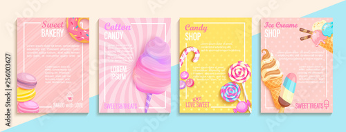 Set of bakery,candy,cotton candy,ice cream flyers,banners.Collection of pages for kids menu,caffee,posters.Macaroons,donuts, lollipop shop cards, cafeteris advertise.Template vector illustration. photo