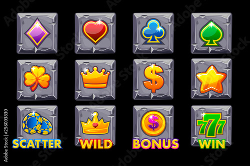 Set Slots icons on stone square for slot machines or casino. Game casino, slot, UI