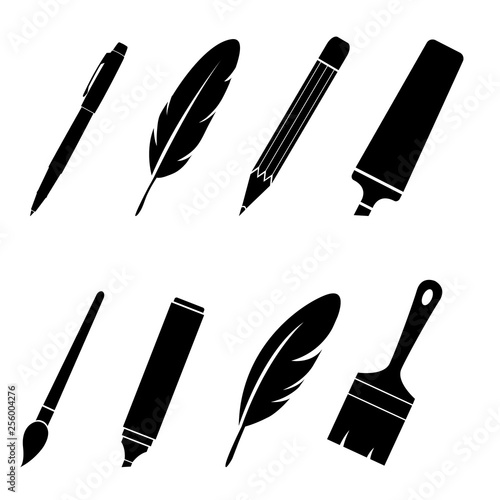 writing and painting tools icons set, logo isolated on white background