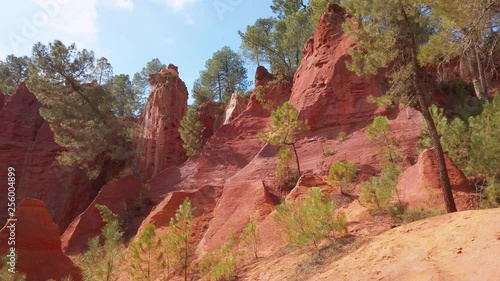 The Trail of Ochres in 4k. Red color of the Le Sentier des Ocres. An old open pit next to the tourist town of Roussillon