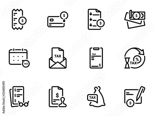 Set of black vector icons, isolated against white background. Illustration on a theme The sequence of work with the tax inspectorate