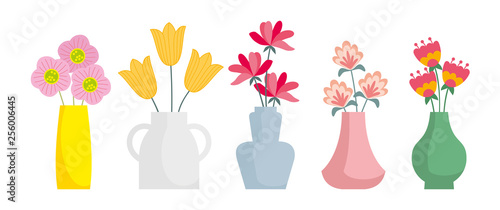 Set of colored vases with blooming flowers for decoration and interior. Vector illustration