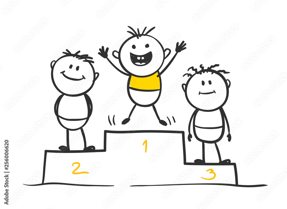 Funny little men. Winner on the podium, vector illustration.