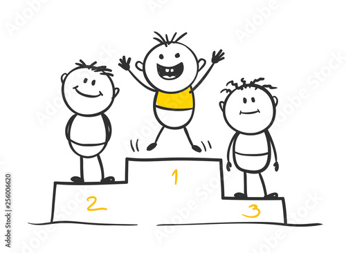Funny little men. Winner on the podium, vector illustration.