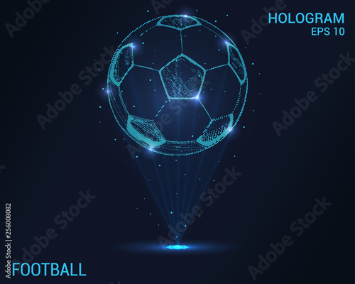 Football hologram. Digital and technological background of football. The ball consists of rays of light.