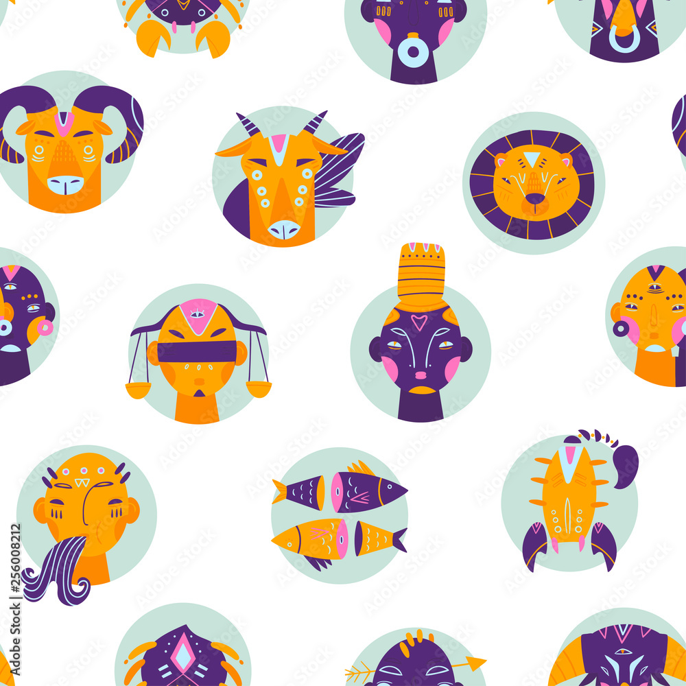 Zodiac signs in circles. Hand drawn trendy illustration. Flat design. Colored vector seamless pattern