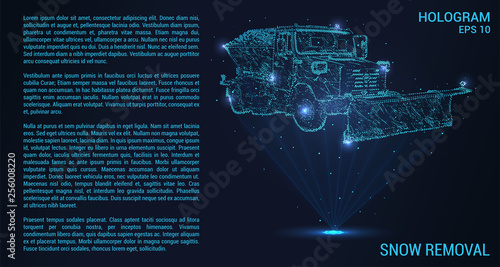 Snow removal hologram. Digital and technological background of snow-clearing equipment. The snow machine consists of beams of light.
