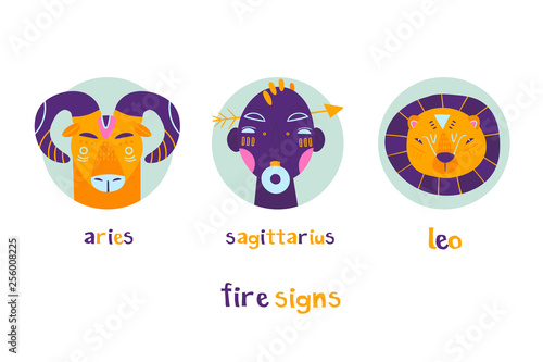 The Fire element. Zodiac signs. Hand drawn trendy illustration. Flat design. Colored vector set. All elements are isolated