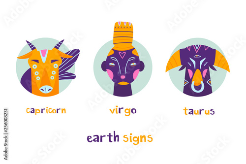 The Earth element. Zodiac signs. Hand drawn trendy illustration. Flat design. Colored vector set. All elements are isolated