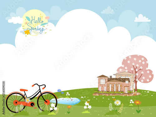 Cute cartoonn Spring landscape with tree and vintage bike with copy spcae, Vector spring tree with bicycle in colour pastel,  Spring or Summer time banner, card background photo
