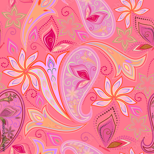 Seamless colorful pattern with paisley and butterflies. Traditional bright ethnic ornament. Vector print. Use for wallpaper, pattern fills,textile design.