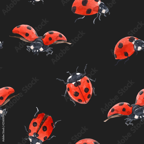 Watercolor ladybug seamless vector pattern