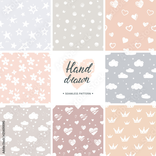 Hand drawn vector set of 8 background seamless patterns in various colors.